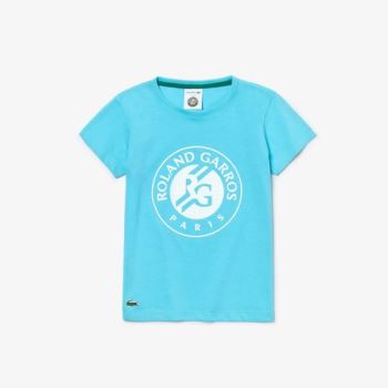 Lacoste SPORT Roland Garros Logo T-Shirt Dětské - Tričko Tyrkysové / Bílé / Zelene | CZ-0YE7cS